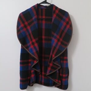 Open Front Waterfall Lapel Plaid Flannel Vest With Pockets Size Large